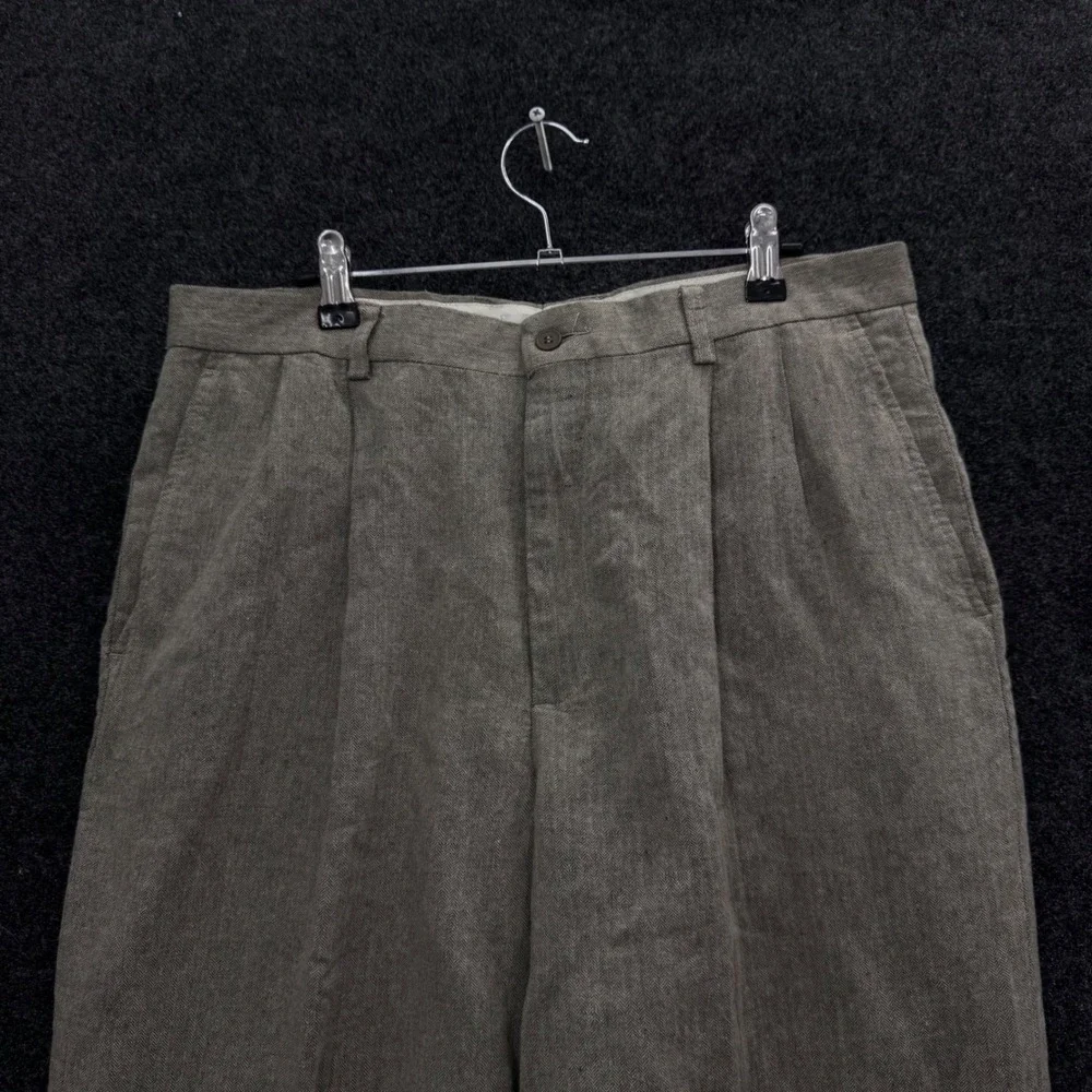 Vintage Claiborne Mens 34x30 Linen Cotton Herringbone Pleated Cuffed Pants Tan